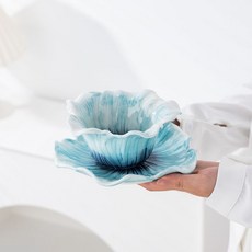 BLOWFISHFUGU 핸드페인팅 입체 꽃 커피 잔 접시 디저트 볼 디저트 접시 디저트보울, 1개, 블루