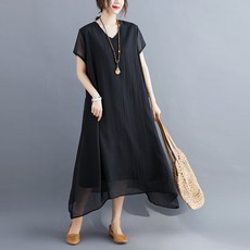 ANYOU 여성 심플 부드러운 쉬폰 원피스 루즈핏 시원한 브이넥 롱 원피스