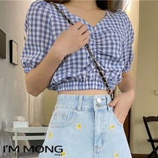 아이엠몽 여성 봄 여름 가을 페미닌 오프숄더 플리츠 디테일 클레식 체크무늬 크롭티 슬림핏 (BB052CY)