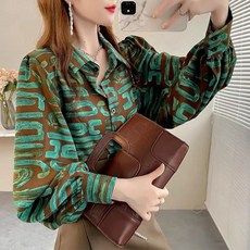 해피유통 여성 봄 가을 긴팔 셔츠 독특한 추상 패턴 실크 블라우스 lmy