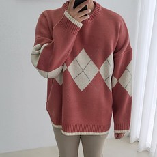 커플 오버핏 소프트라운드 남자 아가일 니트