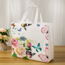 나비 인쇄 쇼핑 가방 부직포 친환경 Foldable 스토리지 핸드백 대용량 여행용, 1개, WHITE+M