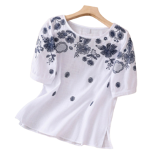 도오빠 푸시케 여성 반팔 티셔츠 화이트 블라우스 라운드넥 꽃무늬 자수 면티 얇은 여자반팔티 프리사이즈