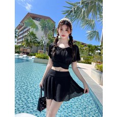 워터파크 비치웨어 여성실내수영복 레트로 하이웨스트 스커트 크롭탑 래시가드 탱키니 커플 플러스사이즈 커버업 헤링본 비키니 치마 휴양지 반짝이는