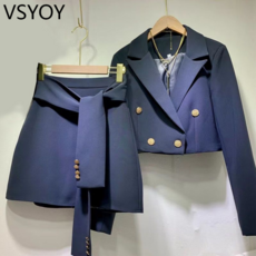 vsyoy 인터넷 연예인 우아한 여신 팬 투피스 수트 긴 소매 옷깃 수트 짧은 재킷 레이스 업 높은 허리 슬리밍 스커트