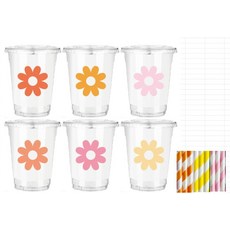 Whaline 355ml(12온스) 데이지 일회용 플라스틱 컵 60개 뚜껑과 빨대 포함 레트로 보헤미안 그루비 플라워 차가운 음료 컵 결혼식 생일 베이비 샤워용, Whaline 355ml(12온스) 데이지 일회용 플라