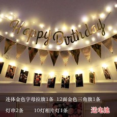 돌잔치용품 돌 생일 플래카드 줄당기는 파티 스커트파티 장소 노래방 인테리어 장식품 성인 여자아기 집, T02-골드색 생일 깃발+1미터 사진 램프집게+-U80
