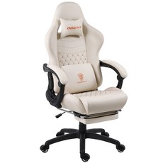 Dowinx 게이밍 의자 사무실 의자 PC 의자 책상 의자 리클라이닝 의자 화이트 오토만 포함 쿠션 신개발 고급 PU 가죽 허리 진동 기능 부착 조절 가능 램버 서포트 (아이보리)
