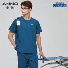 병원복 간호사 의사가운 ANNO 블루 유니폼 남성 스크럽 슈트 라운드 넥 치과 병원 세트 작업복 반팔 미용실 의류