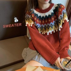 겨울 가을 루즈핏 클래식 레드 크리스마스 바람 모티브 패턴 와이드 풀오버 후드 꽃스웨터 여성 빈티지