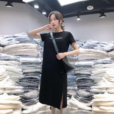 여성복 （M-3XL) 여름 원피스 반소매 빅 사이즈 티셔츠 스커트 트임 원피스