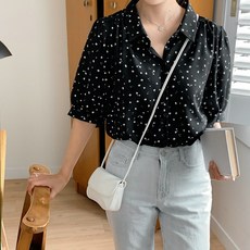 로로텐 플라워 퍼프 반팔 블라우스 카라넥 여성 빅사이즈