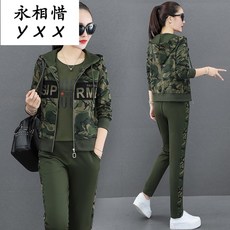 Yongxiangxi 미채 복 여성 세트 가을 아우 터 트 렌 디 한 한국 판 루즈 레이 닝 캐 주 얼 3 종 블랙 (후드) M (150 - 16cm 80 100 근 곶