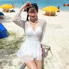  [비치팜]캐서린 원피스 수영복 여성 시스루 긴팔 빅사이즈 모노키니, 화이트 