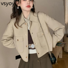 vsyoy 한국 스타일의 단색 긴 소매 재킷 여성의 2023 봄 새로운 하이 엔드 틈새 심플 탑