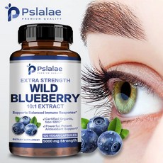 Pslalae 유기농 야생 블루베리 10:1 추출물 5000mg 강도 농축 및 표준화된 10X 전체 과일 추출물 100% 비건 완전 천연 및 비 GMO, 1박스, 120정