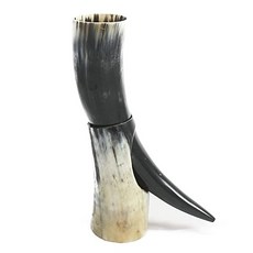 Large Natural Viking Usable Drinking Horn & Stand - Reenactment Oxhorn, Silver