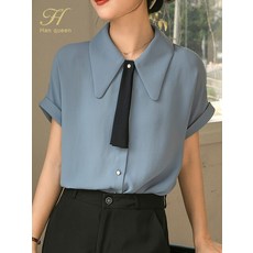 미시블라우스 H 여왕 새로운 빈티지 여름 Blusas 사무실 레이디 여성 셔츠 우아한 탑 짧은 소매 4763842354, 1개, S