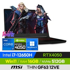 [사은품 증정!] MSI THIN GF63 12VE i7 가성비 고사양 RTX4050 배그 롤 오버워치 로아 발로란트 12세대 15인치 게이밍 노트북, 블랙, 코어i7, 512GB, 16GB, 윈도우 포함