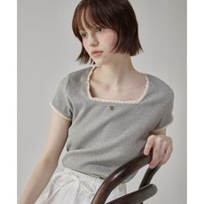 [셀럽착용] 론론 LACE SQUARE HEART NECK SHORT SLEEVE GREY