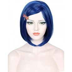 Linfairy 여성 가발 짧은 의상 할로윈 코스프레 사이드 뱅 가발 (블루 머리핀 포함), 단일상품, 단일상품
