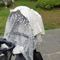 네이처스티치 보리수 열매 자수 린넨 망사 유모차 커튼 덮개 모기장 대용 블랭킷 햇빛가리개, 보리수꽃 망사, 보리수열매(화이트), 1개