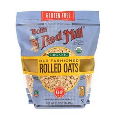 Bobs Red Mill 글루텐 프리 오가닉 전통 방식의 롤 오트(귀리) 아침 식사 밥스 레드밀 뮤즐리 통밀 곡물 가루 파우더 제빵, 32 온즈, 지퍼백 포장 4팩