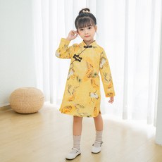 LAILANGYA 여아 중국 풍 치 파오 춘추 품 중 대 동 민족 단추 원피스 소녀 복고 당의 한 복 석 요 100 cm