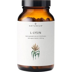 Naturkur® L-리신 500mg (1000mg 일일 복용량) - 300캡슐 약국 유리병에 담긴 - 비건 실험실 검사 완료 첨가물 없음 바이에른주에서 수작업으로 제조됨, 1개, 300정