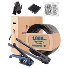 1500파운드 58인치 x 1000인치 이상의 PET 스트랩 롤과 자체 풀아웃 박스 100 코너 프로텍터 300 씰이 있는 고강도 터프 팔레트 포장용 FoundGo 밴딩 키트, Grey Black, 1000FT, 1개
