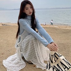 레이어드 원피스 레이스 시스루 드레스 봄 오버 롱 스커트 치마 화이트 플로럴 꽃무늬