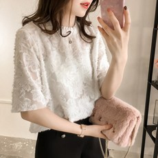 SAMARA sun 여성 라운드넥 반팔 레이스 블라우스 티셔츠 시스루 여자 섹시 C260