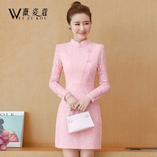로로퍼스 에이라인 레이스 치파오 양식 리폼 판 가을옷 봄가을 긴 소매 여성의류 슬림핏 자