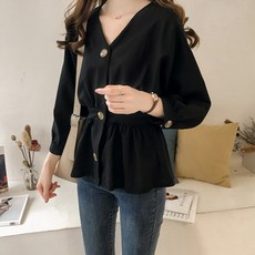이대학 브이넥긴팔 봄가을 허리보정 보여 슬림 매너 상의 여성 소매 스윗 무드 화이트블라우스 감각 보이핏 볼륨