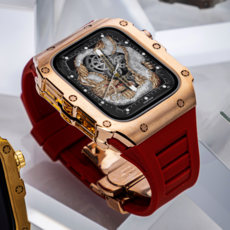  애플워치 메탈 케이스 일체형 스트랩 명품 케이스 럭셔리 밴드 줄질 4 5 6 7 8 9 SE, 로즈골드, 레드, 45, 1개 