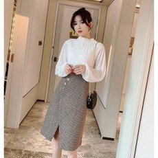 한스타일 가을 겨울 페미닌 h라인 랩스타일 앞트임 체크 빅사이즈 미디 스커트