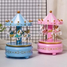 오르골무드등 빈티지오브제 회전목마 생일 케이크 장식 뮤직박스 액세서리 어린이 부품 명절파, 01 파란색 회전목마는 등불을 붙이지 않는다