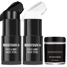 BOBISUKA 페이스 페인팅 설정 파우더 세트가 포함된 바비스카 블랙 화이트 페인트 스틱 스포츠용 아이 광대 해골 뱀파이어 코스프레 특수 효과 코스튬 SFX 할로윈 메이크업, Black/White with Setting Powde