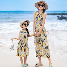 패밀리룩 엄마랑 딸 원피스여름 미디 스커트 허리 여밈 슬림한 실크 나시 스커트 러블리 비치 커플룩, 140, C