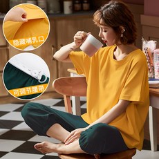 임산부잠옷 산후조리복 여름시즌 얇은타입 분만후 10월분 순면 수유 잠옷 산모 짧은소매 7부바지 임산부 수유복
