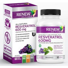 Renew Actives 최적화된 레스베라트롤 보충제 - 600mg 천연 복합체 50% 트랜스 세포 건강을 위한 높은 포뮬러 비건 캡슐 60개, 1개