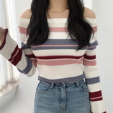 여자 줄무늬 스트라이프 골지 나팔 오프숄더 티셔츠