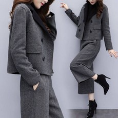 ANYOU 여성 직장인 가을 겨울 투피스 캐주얼 하객룩 상하세트 모직 코트 +와이드 팬츠