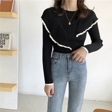 디에프 더블프릴 배색 니트여자 여성 봄가을니트티