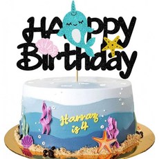 나르왈 케이크 토퍼 생일에 대한 글로리모멘트 케이크 장식 키즈 걸 나르왈 테마 생일 바다 생일 파티 장식 아래 불가사리(6, 단일옵션