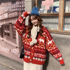 롱니트가디건 가을겨울셋트 긴팔 가디건 여성패션 상큼 사슴 아우터 털옷 보온 신년 외투