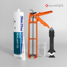 철공자 신에츠 무초산 실리콘 세트 무초산실리콘 + 실리콘건 + 마감헤라 + 스크레퍼 방수 창문 외벽 샷시 외부 화장실 타일 변기 곰팡이방지 색상, 진밤, 1세트