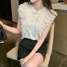 Kingfishe 여성 여름 민소매 셔츠 프릴 상의 예쁜 민소매 블라우스 bg6 Yanf