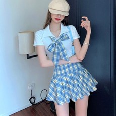 스쿨룩 주름 스커트 투피스 세트 섹시 크롭티 체크