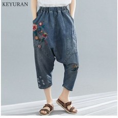 [해외] 수 놓은 크로스 청바지 여성 힙합 STREETWEAR 헐렁한 하렘 청바지 남자 친구 바지 와이드 레그 드롭 데님 블루머 3373